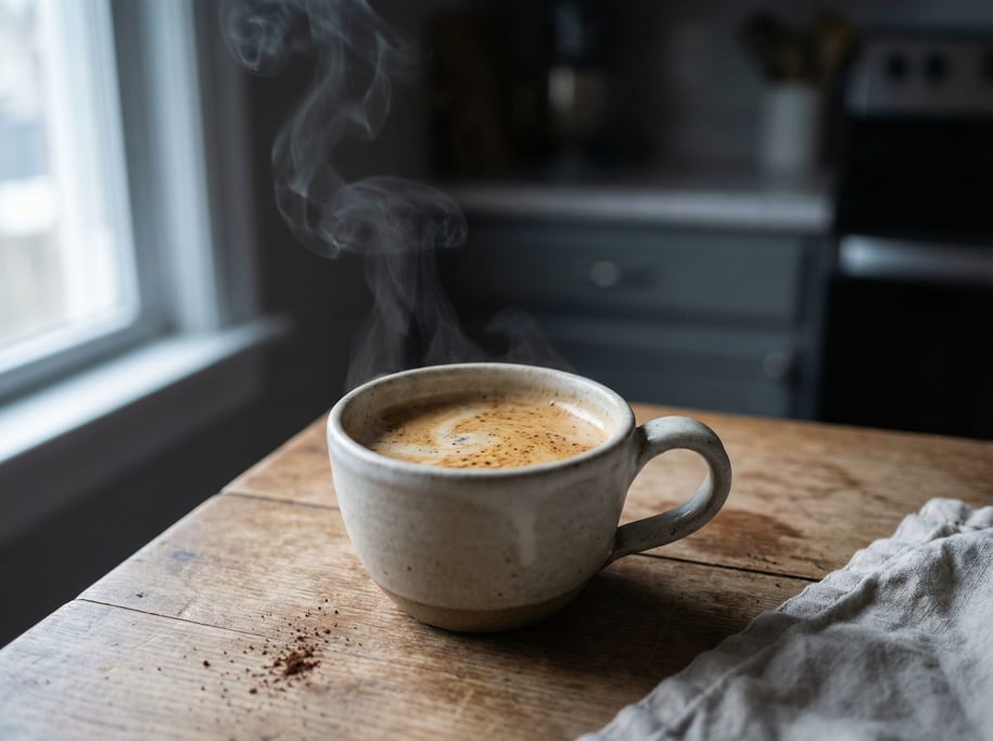 An espresso shot in a thick ceramic cup, crema still swirling (fyvokc2v)