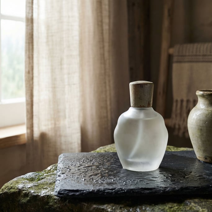 A frosted glass perfume bottle on a wet dark stone surface, water droplets catching light (33fzc9os)