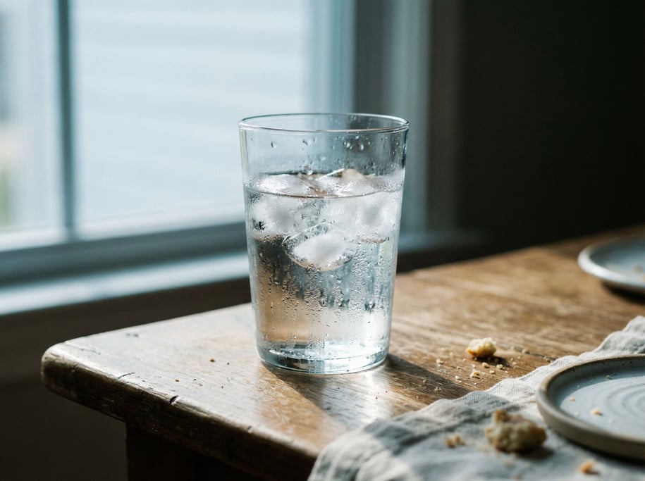 A clear glass of sparkling water with ice, condensation on the glass, cool light (coky1grv)