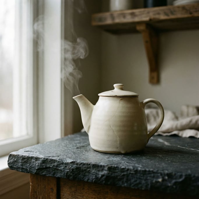 A white porcelain teapot on a dark stone counter, steam rising, minimal and clean