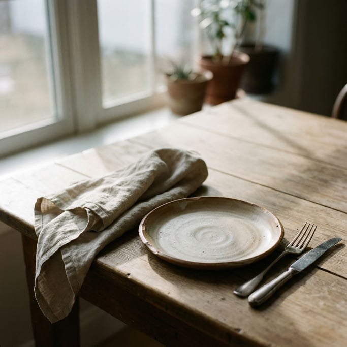 A linen napkin loosely folded beside a ceramic plate and steel cutlery, natural materials (ym4h9nc6)