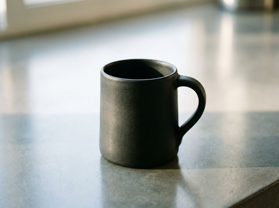 A black matte ceramic mug on a polished concrete counter, morning light, no steam