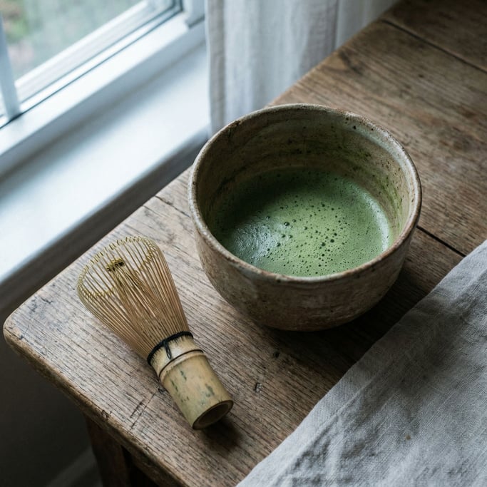 A ceramic bowl of matcha with a bamboo whisk beside it, overhead shot, zen simplicity
