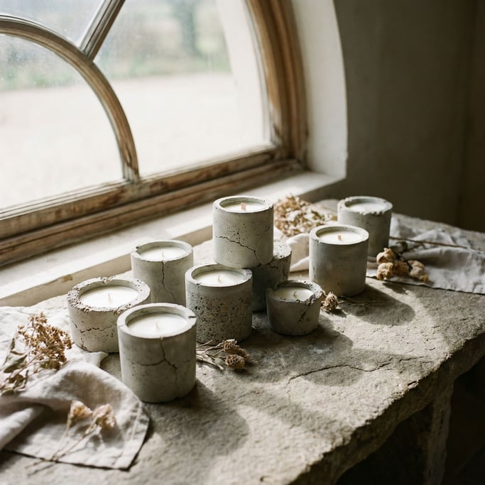 Hand-poured candles in raw concrete vessels, arranged asymmetrically on a stone surface