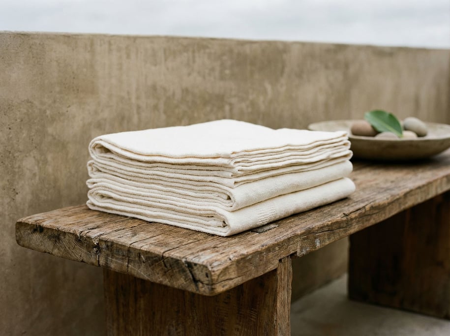 A stack of white cotton towels on a teak bench, spa-like simplicity, neutral tones (yons5s6)