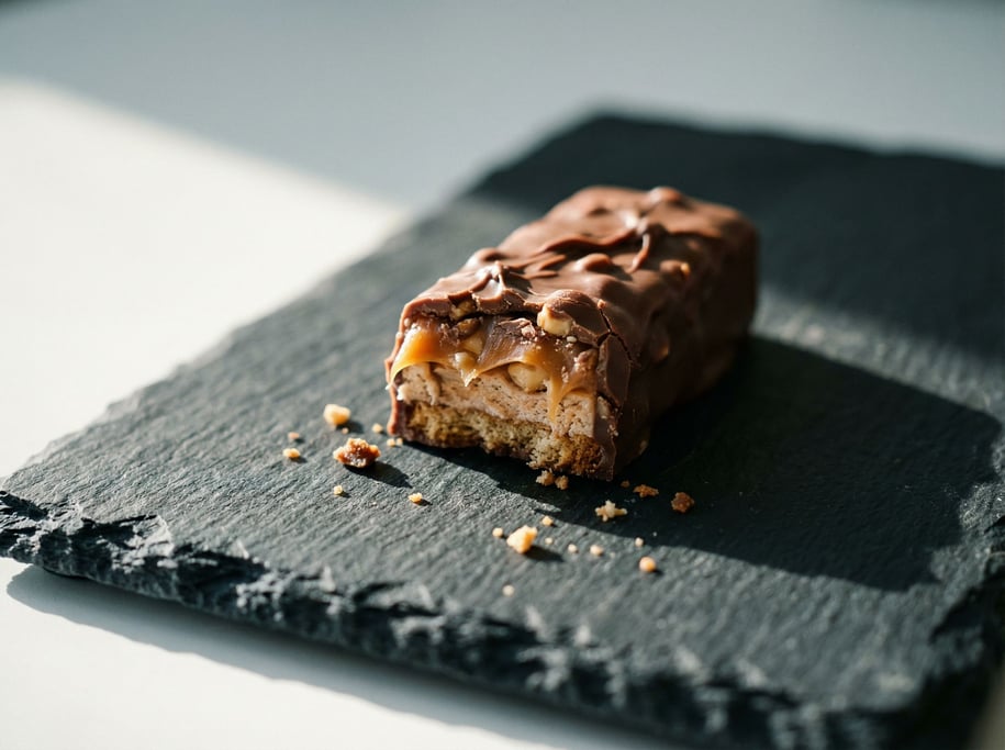 A half-eaten chocolate bar on dark slate, broken pieces revealing layers and inner texture (mnk3ud)