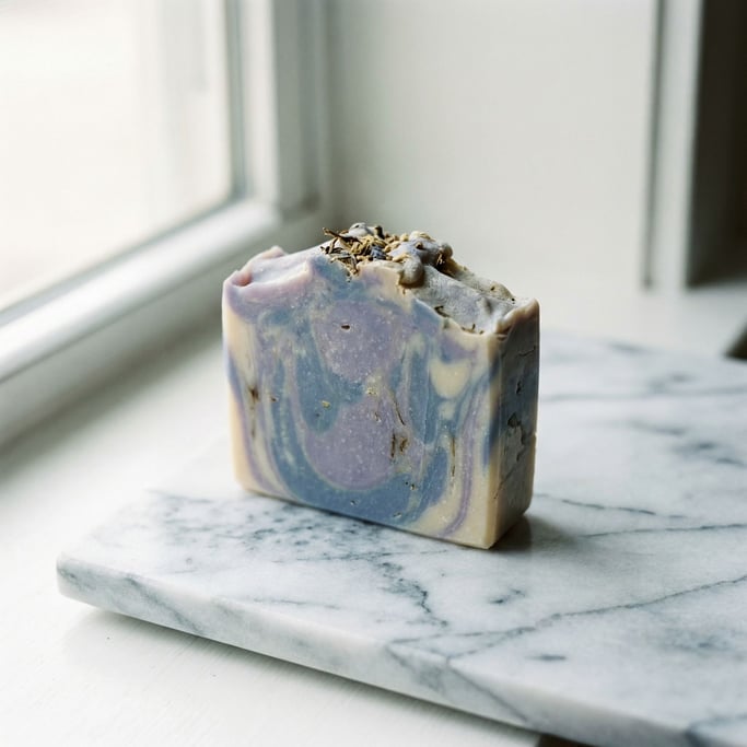A bar of handmade soap in cool lavender tones, resting on a marble slab (tgzakrcd)