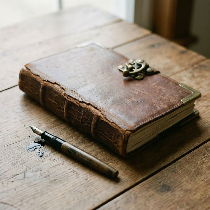 A leather journal with aged brass hardware, spine cracked from use, fountain pen nearby with wet ink (55gg3s0o)
