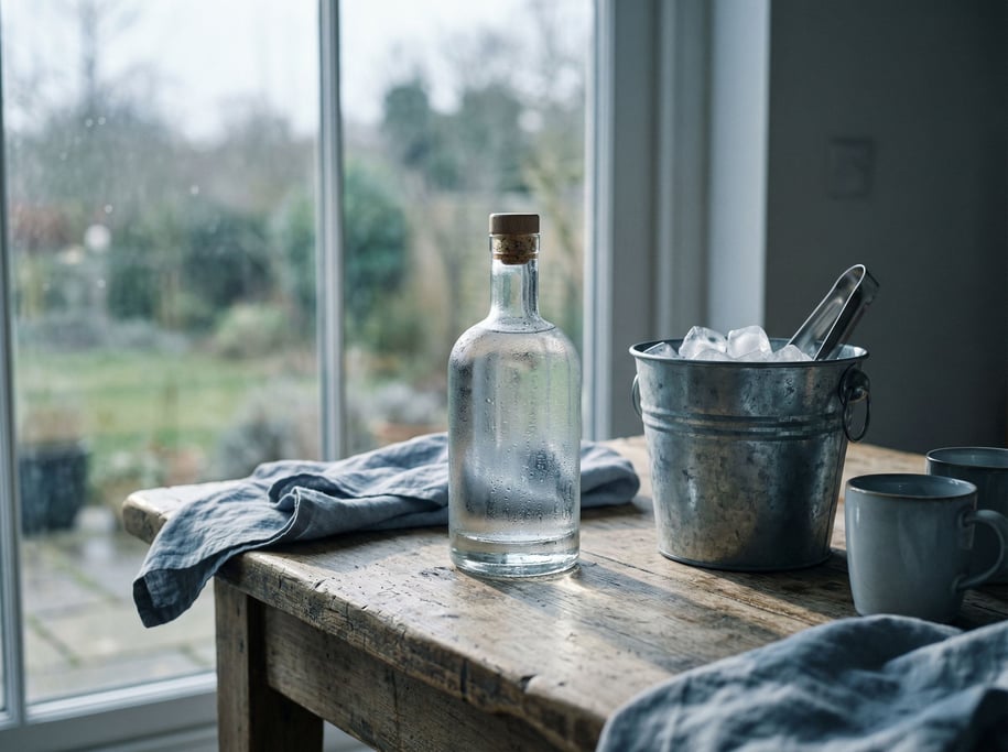 A glass bottle of clear spirit with condensation, ice bucket nearby, cool blue-gray tones (kniwzeoc)