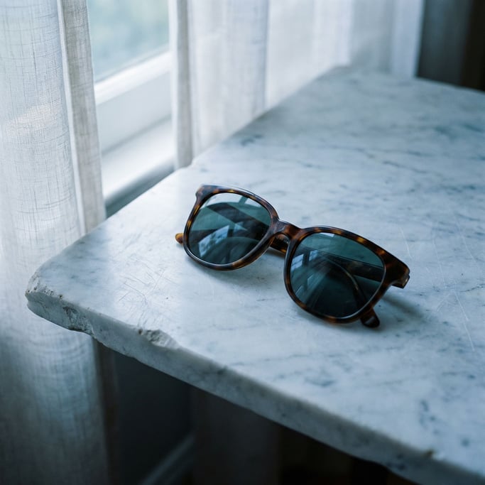 A pair of sunglasses on a white marble surface, reflections in the lenses, cool tones (lmgmoqwj)