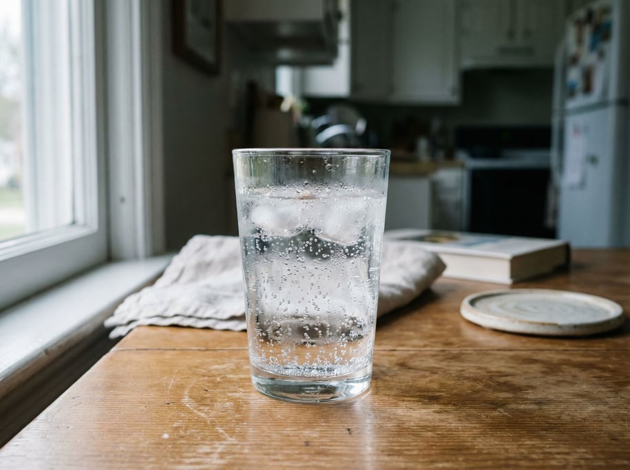 A clear glass of sparkling water with ice, condensation on the glass, cool light (szzvcqmg)