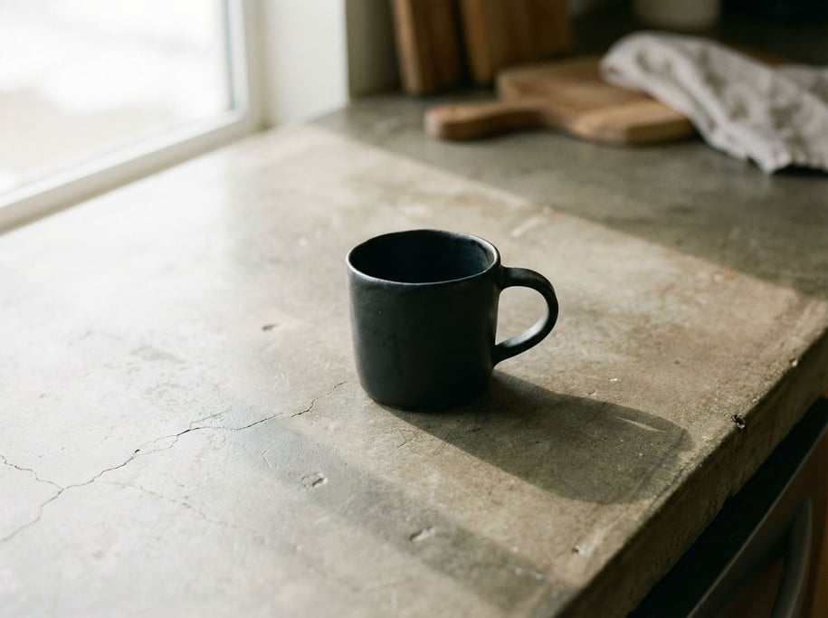 A black matte ceramic mug on a polished concrete counter, morning light, no steam (mav22hs7)