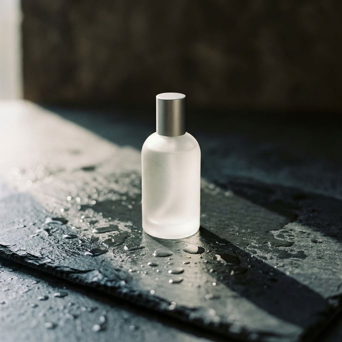 A frosted glass perfume bottle on a wet dark stone surface, water droplets catching light