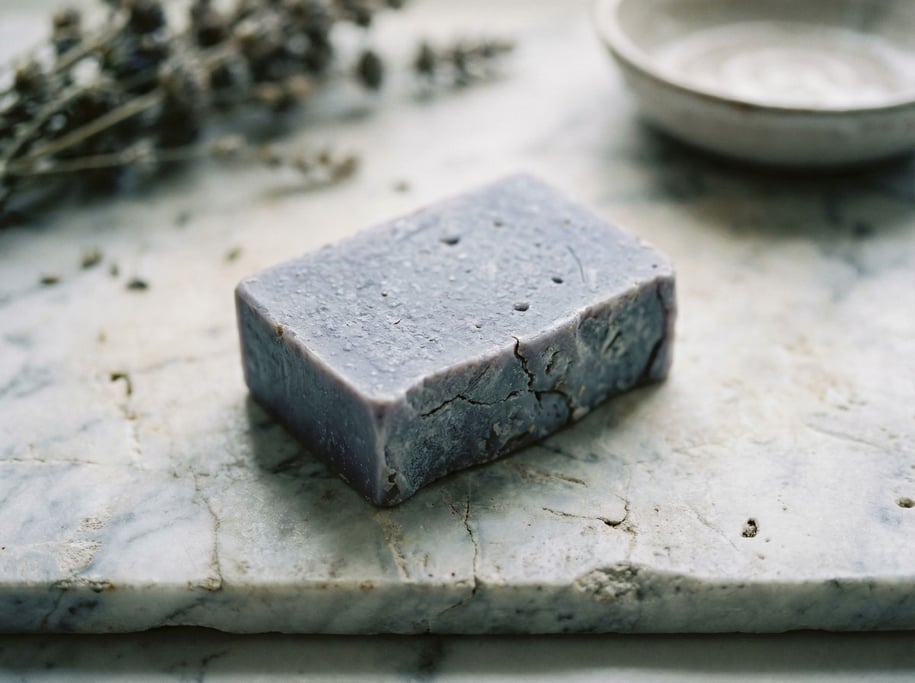 A bar of handmade soap in cool lavender tones, resting on a marble slab (dkbfrkka)