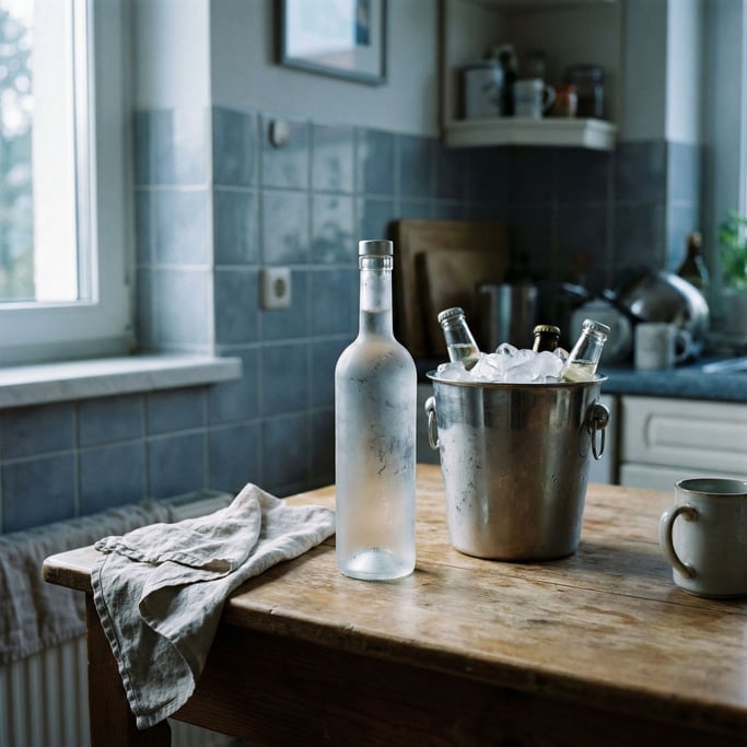 A glass bottle of clear spirit with condensation, ice bucket nearby, cool blue-gray tones (0iowx6c9)