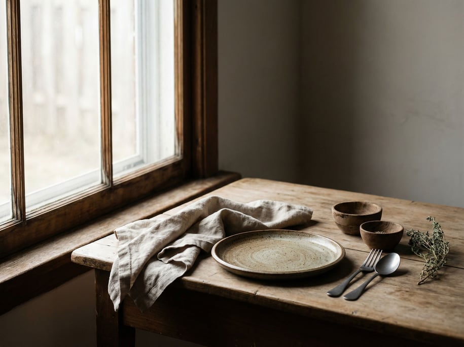 A linen napkin loosely folded beside a ceramic plate and steel cutlery, natural materials (cgy5vvbz)