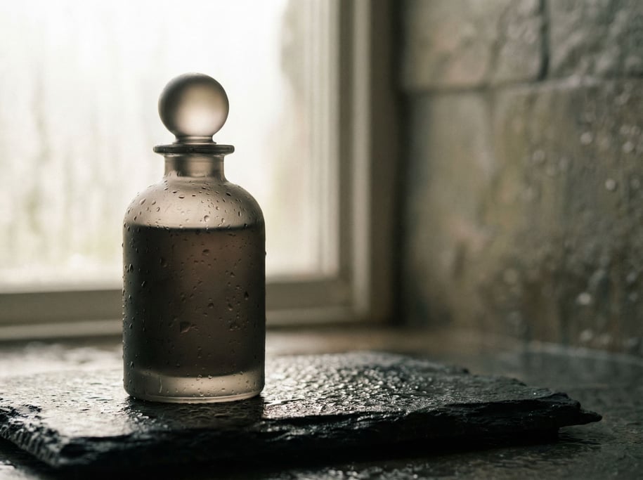 A frosted glass perfume bottle on a wet dark stone surface, water droplets catching light (om)
