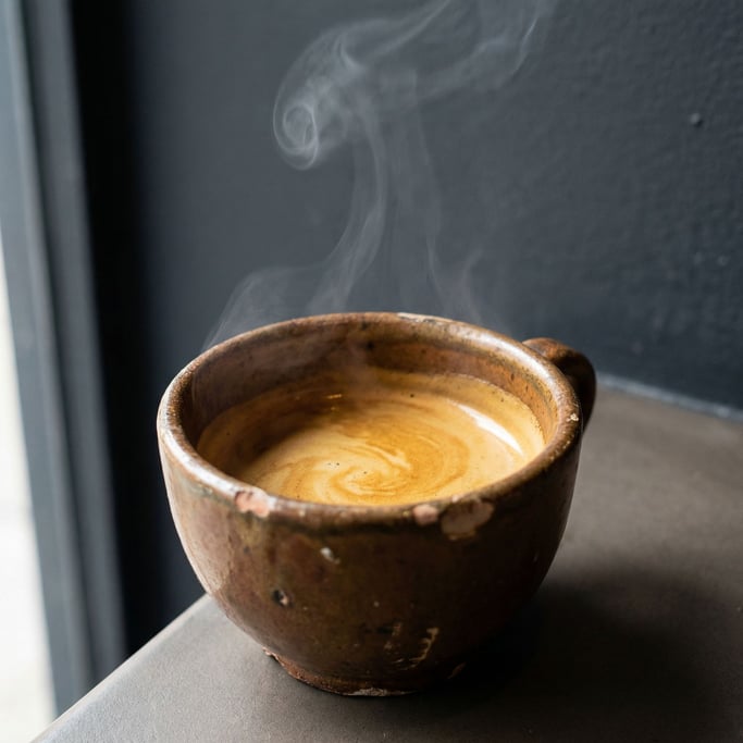 An espresso shot in a thick ceramic cup, crema still swirling (xhgxdg4k)