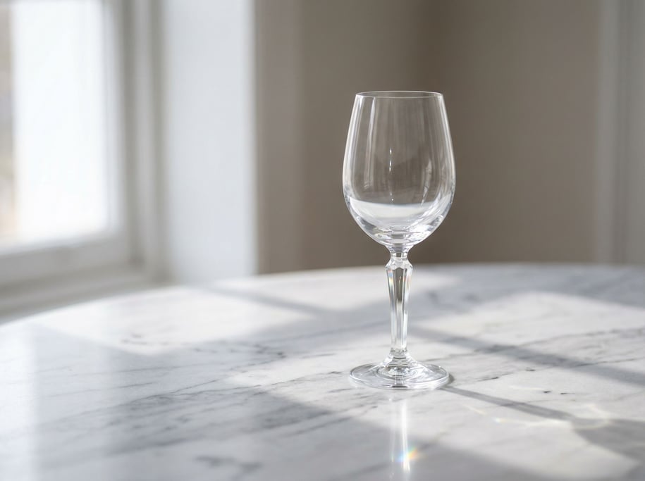 An empty wine glass catching light on a marble table, crystal refractions, just the glass form (mj9lask)