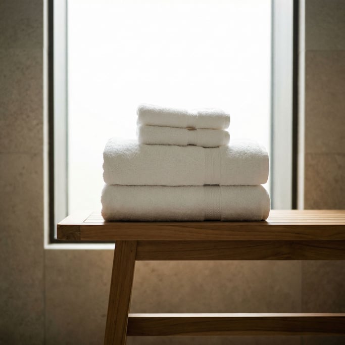 A stack of white cotton towels on a teak bench, spa-like simplicity, neutral tones