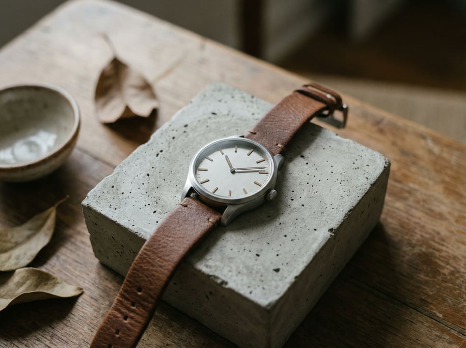 A minimalist watch on a concrete display block, brushed steel case, soft overhead light (ye4x0tmo)
