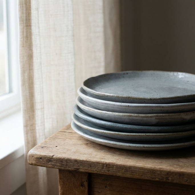 A stack of handmade ceramic plates in cool gray tones, slight imperfections visible, side lit (2nz5xamv)