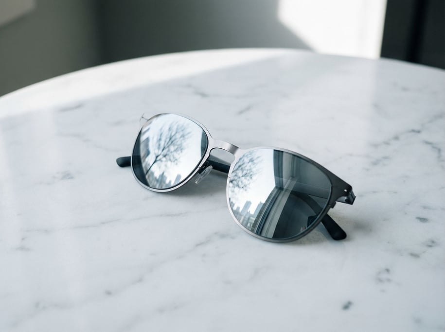 A pair of sunglasses on a white marble surface, reflections in the lenses, cool tones (pyltq)