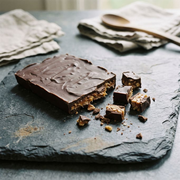 A half-eaten chocolate bar on dark slate, broken pieces revealing layers and inner texture (wrijev7)
