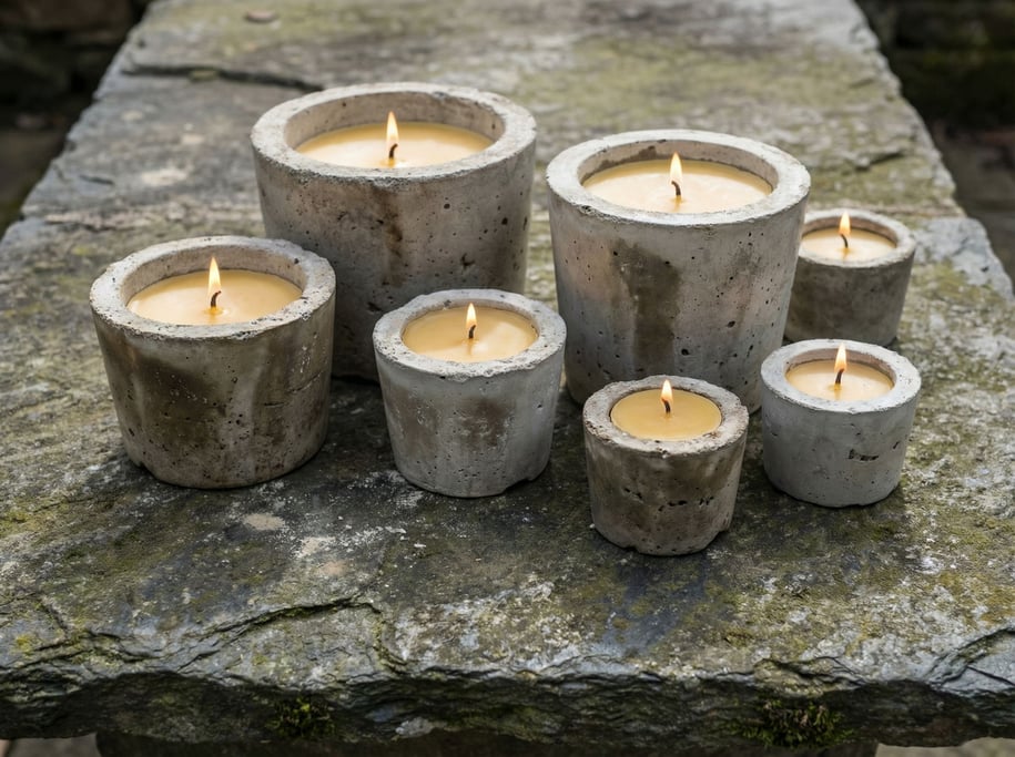 Hand-poured candles in raw concrete vessels, arranged asymmetrically on a stone surface (hluxmzk)