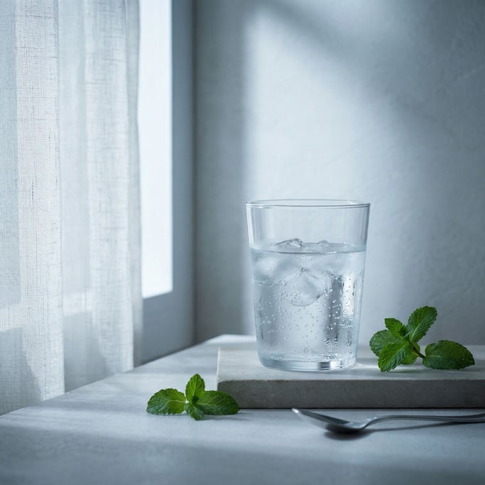 A clear glass of sparkling water with ice, condensation on the glass, cool light (at2vwdq4)