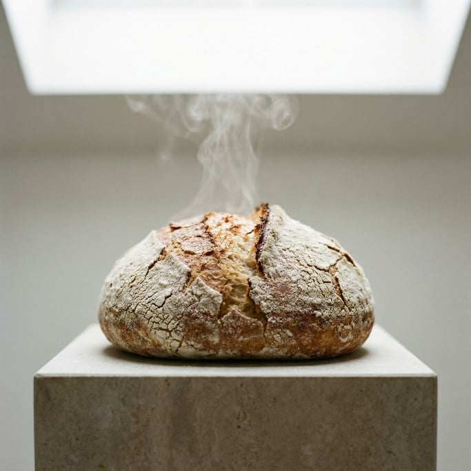 A sourdough boule fresh from the oven, flour-dusted crust cracking, steam escaping from a score mark (aapo4qtz)