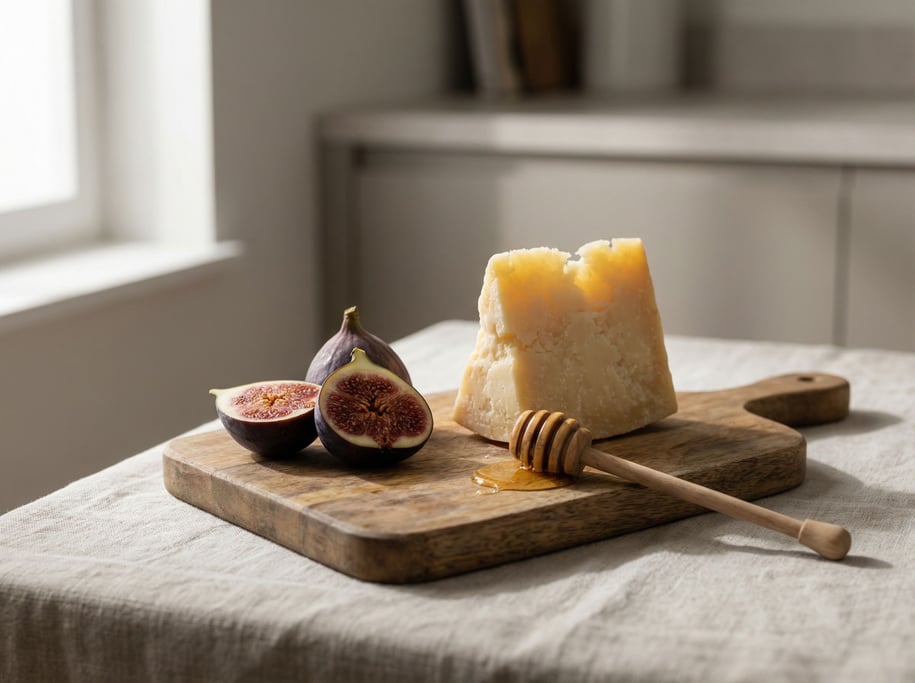 A wooden cutting board with a wedge of aged cheese, a fig cut in half, and a honey dipper (fy5ioiin)