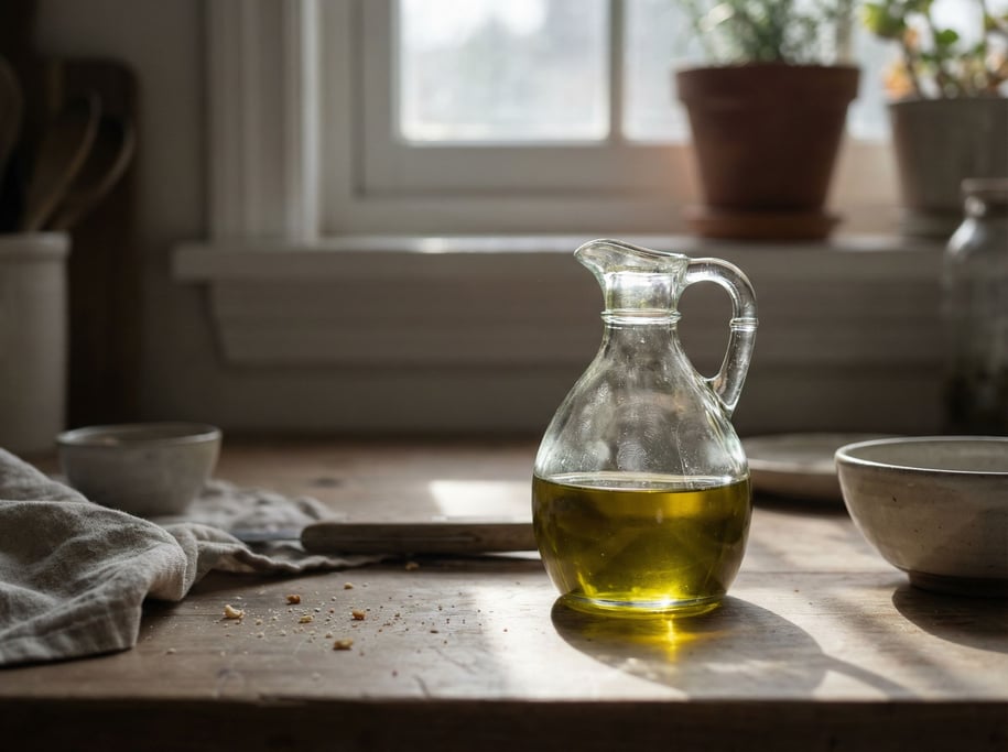 A clear glass oil cruet catching window light, olive oil inside glowing golden-green (ukg6uojp)