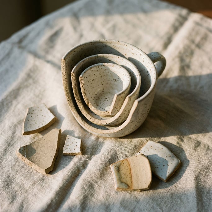 Three speckled ceramic cups in graduating sizes, nested together, overhead on a linen cloth (peapwfyi)