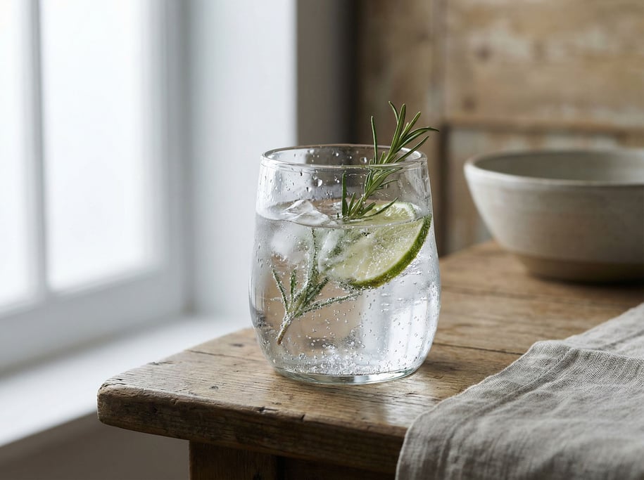 A clear glass of sparkling water with ice, condensation on the glass, cool light (k9d2jp8)