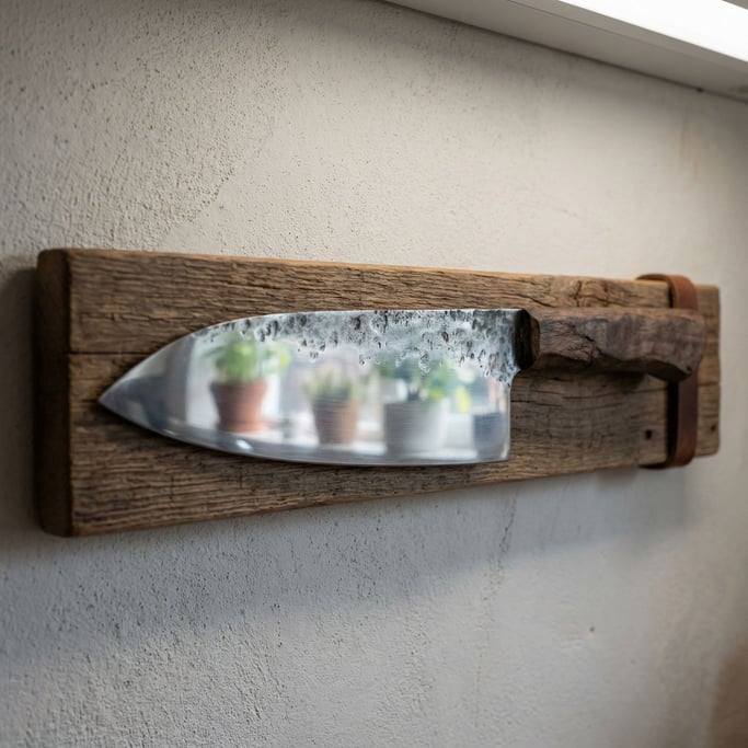 A hand-forged chef's knife resting on a magnetic strip, blade reflecting the kitchen window (rl8miiuj)