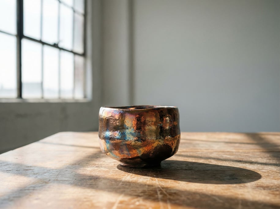 A hand-thrown raku tea bowl, irregular form, metallic glaze catching light at every angle (pykwmun)