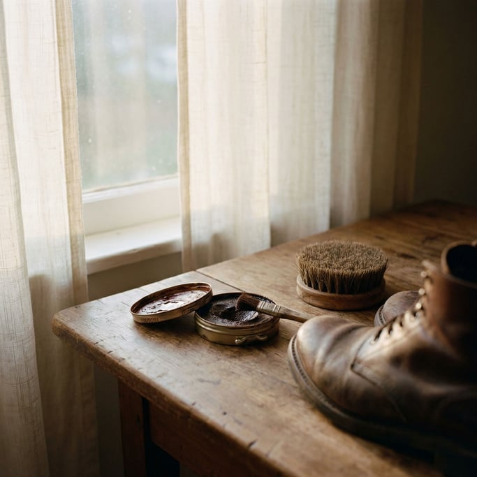 An open tin of shoe polish next to a horsehair brush and a leather boot, analog maintenance ritual (dni3)