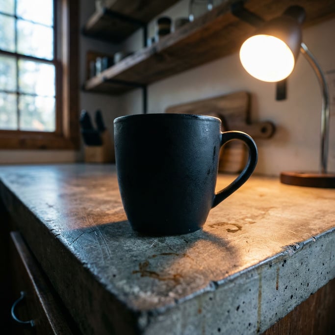 A black matte ceramic mug on a polished concrete counter, morning light, no steam (mh6soowq)