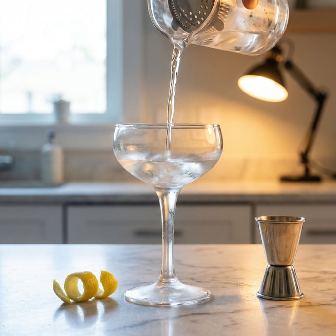 A cocktail in a coupe glass, clear spirit with a citrus peel twist, condensation on the stem (rqijhjef)
