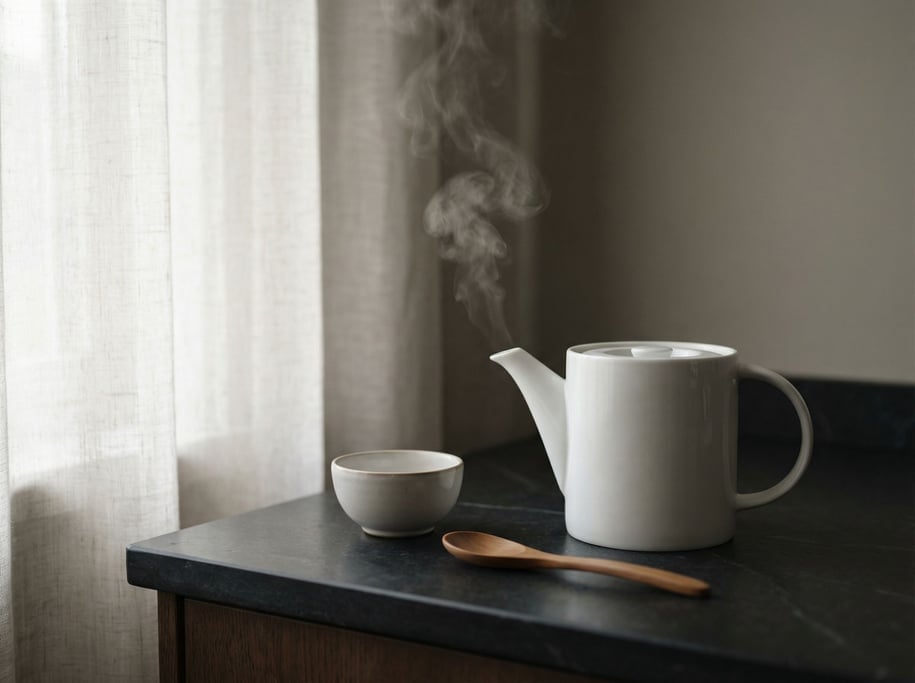A white porcelain teapot on a dark stone counter, steam rising, minimal and clean (l0qecu7c)
