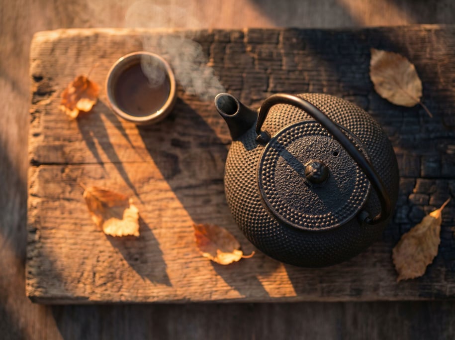 A Japanese cast iron teapot (tetsubin) on a charred wood board, steam wisping from the spout (vioskrw)