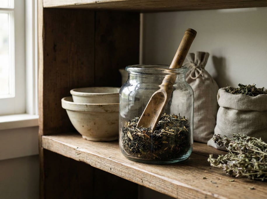 A glass jar of loose-leaf tea with a bamboo scoop, dried leaves visible through the glass (brdoy0gn)