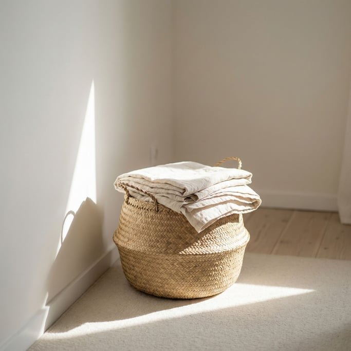 A woven seagrass basket holding folded linen blankets, corner of a minimal bedroom (jhr8bhwp)