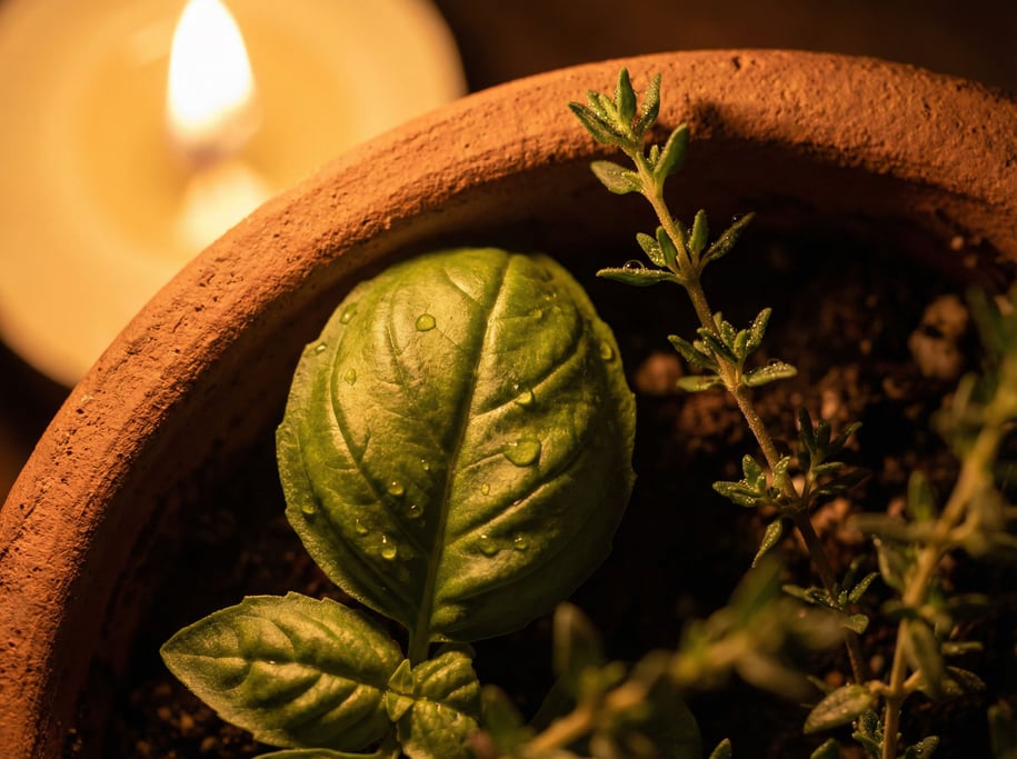 A potted herb garden on a kitchen windowsill: basil, rosemary, thyme in mismatched clay pots (cdc1md5n)