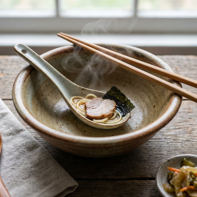 A porcelain bowl of ramen, chopsticks resting across the rim, steam rising, overhead shot (sdug13)