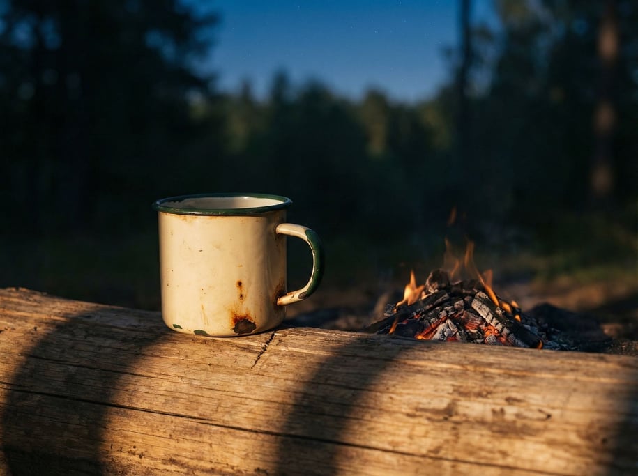 A vintage enamelware camping mug on a log next to a campfire, stars implied by the dark background (ryqxqmkm)
