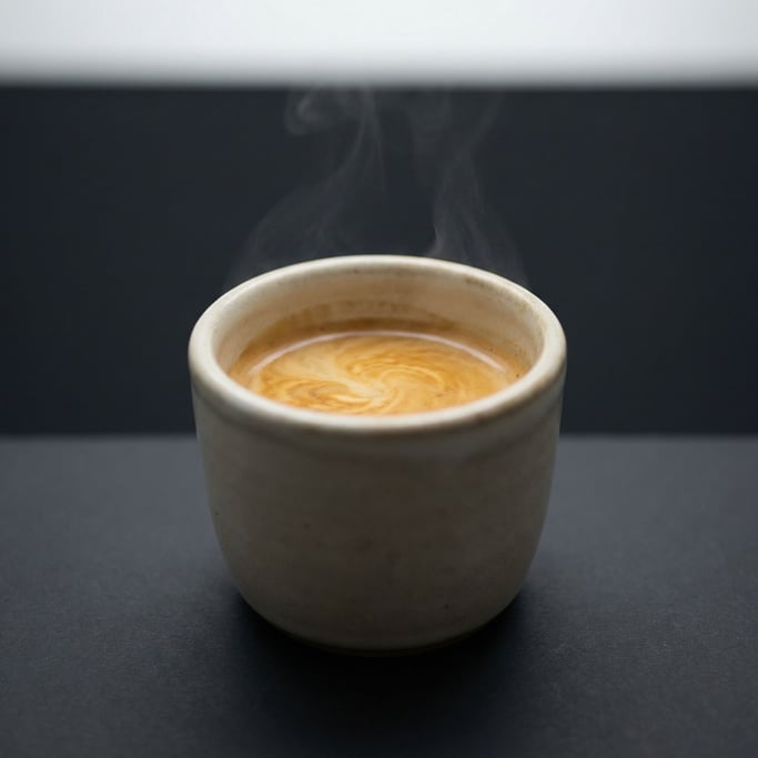 An espresso shot in a thick ceramic cup, crema still swirling (8hefmlap)
