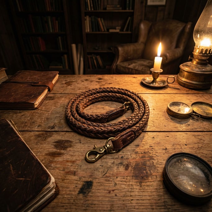 A vintage camera strap coiled on a wooden surface, braided leather showing years of neck wear (hrctcldh)
