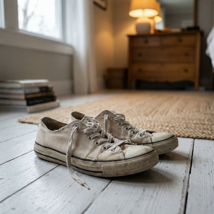 A pair of raw canvas sneakers on a whitewashed wood floor, laces untied, casual and lived-in (l6idqt)
